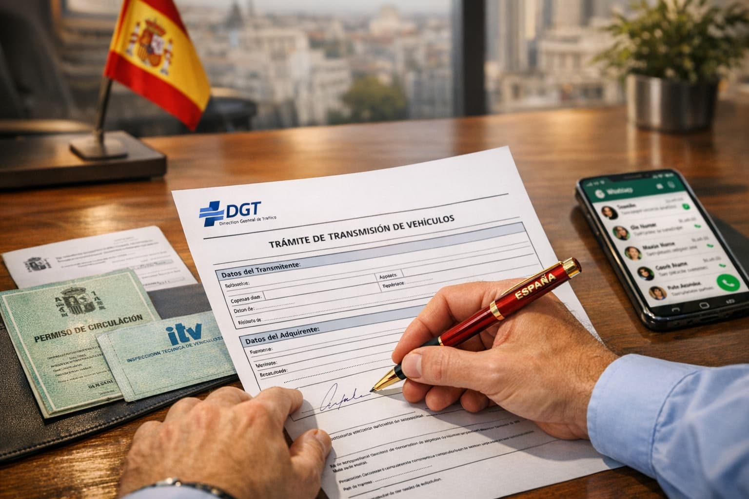 Gestor profesional con tablet mostrando documentación de transferencia de vehículos