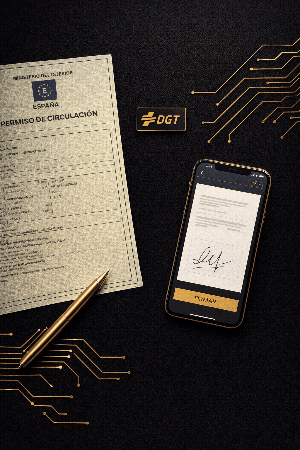 Hero image for GO-AUTO Transferencias SEO article series — vehicle transfer documents with digital signature on dark navy background with gold accents