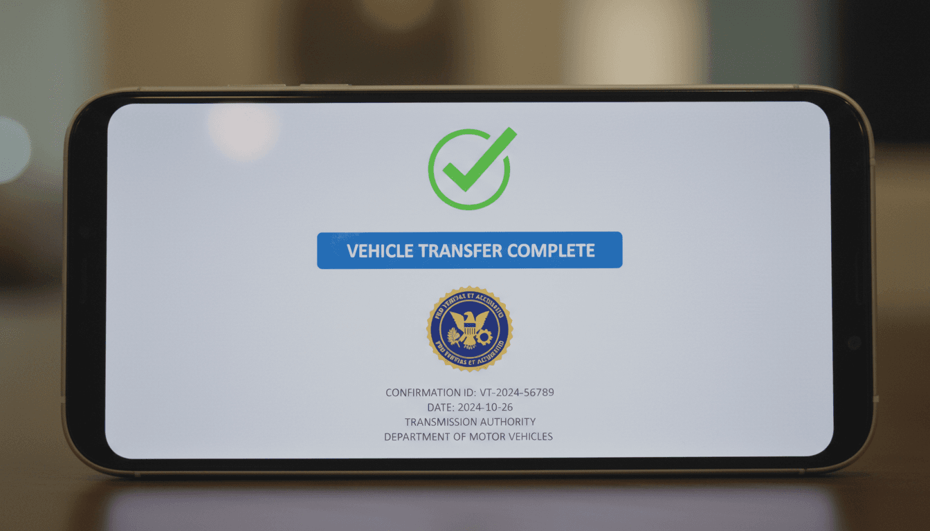Pantalla de móvil con justificante de transferencia completada y sello oficial