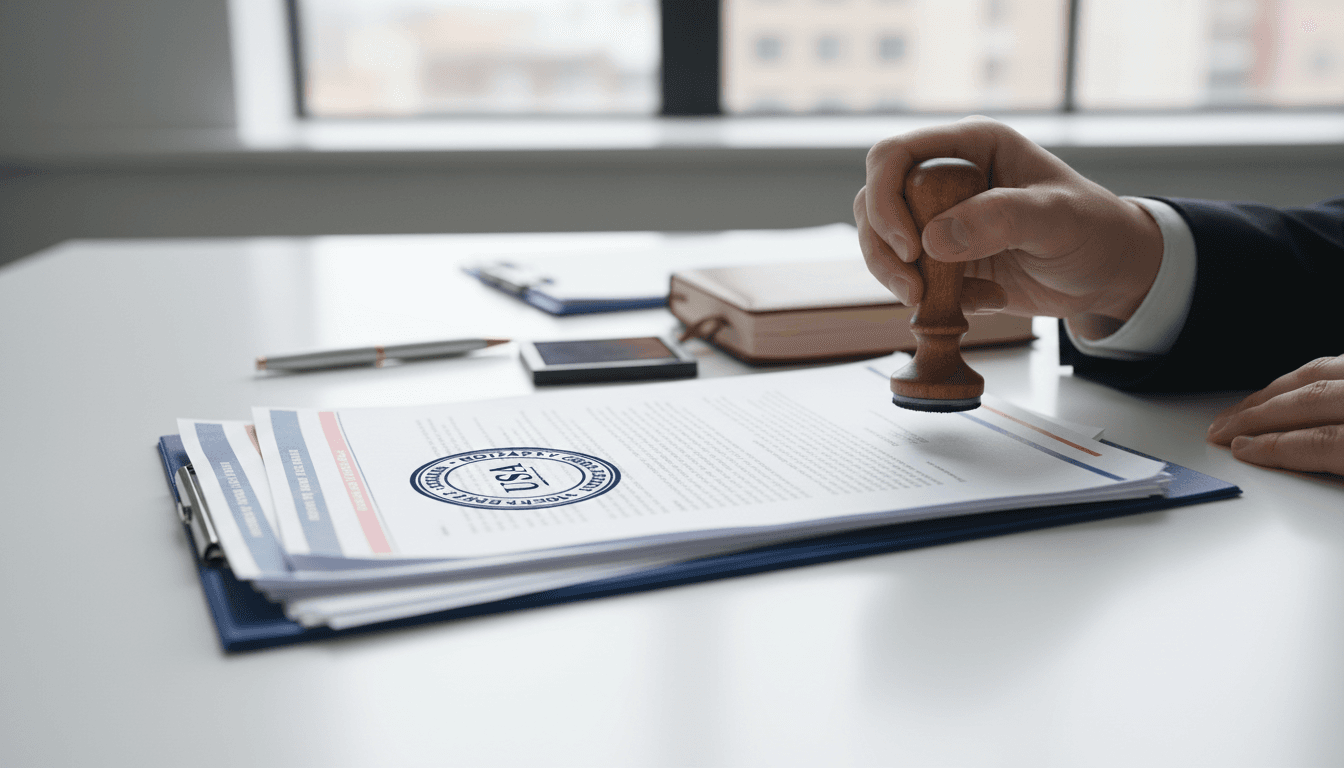 Gestor administrativo procesando documentación oficial de transferencia de vehículos con sello profesional