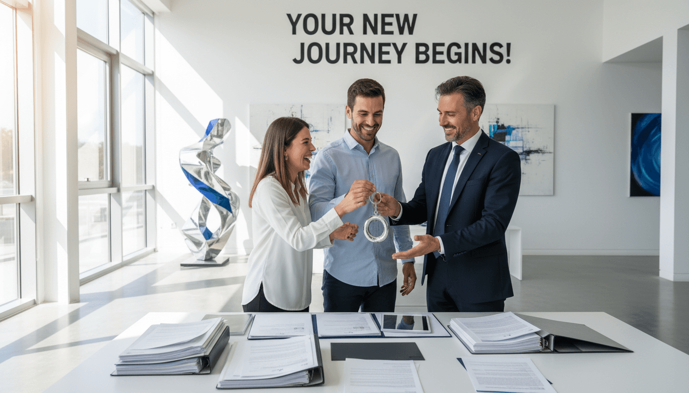 Professional handing over car keys and documents to happy couple in modern office