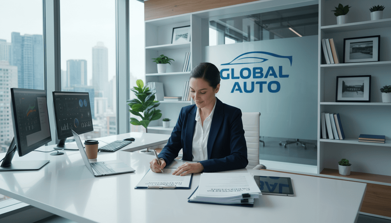 Profesional completando trámite de transferencia de coche en oficina moderna