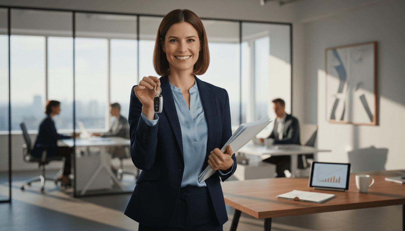Gestor profesional con llaves de coche y documentación de transferencia