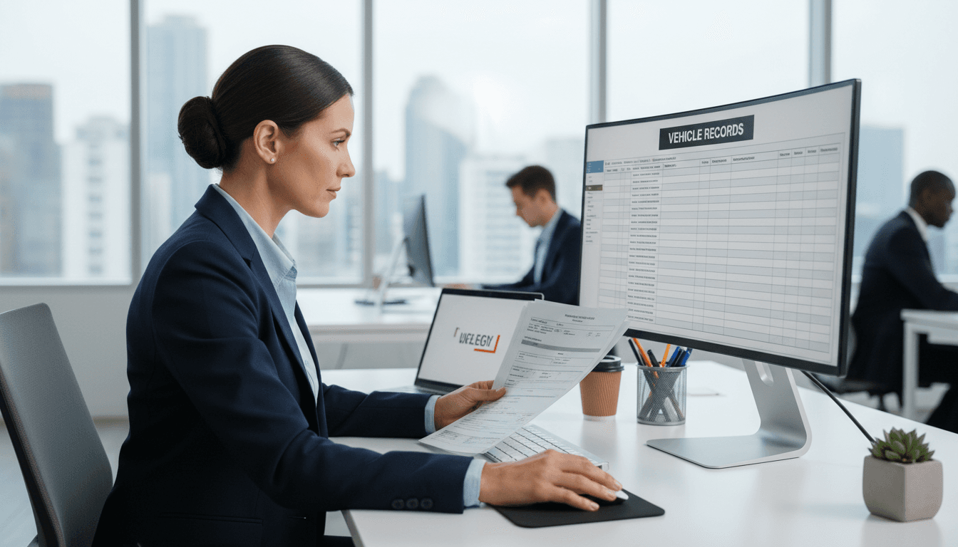 Gestor administrativo tramitando transferencia de vehículo en oficina moderna