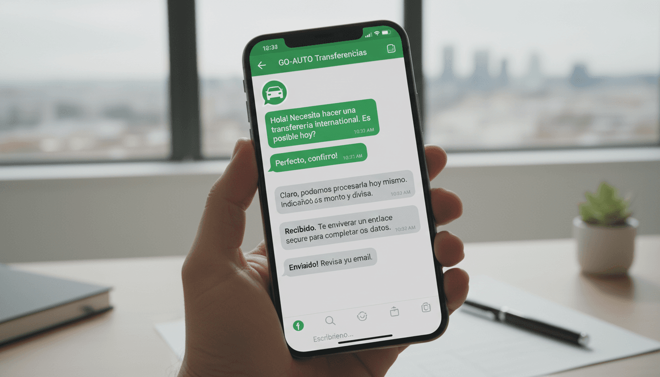 Pantalla de WhatsApp mostrando conversación con GO-AUTO Transferencias sobre asesoramiento en transferencias de vehículos