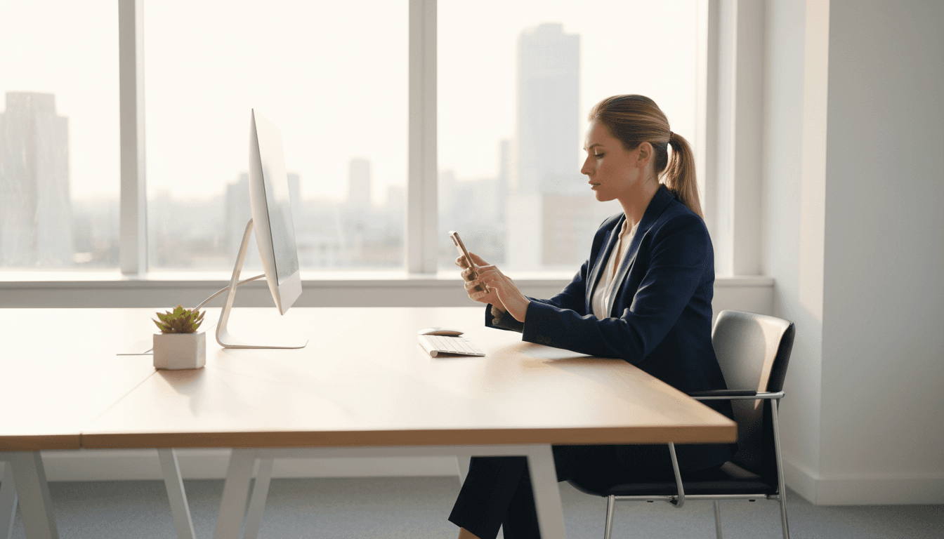 Persona usando WhatsApp en un entorno profesional moderno para contactar con gestoría