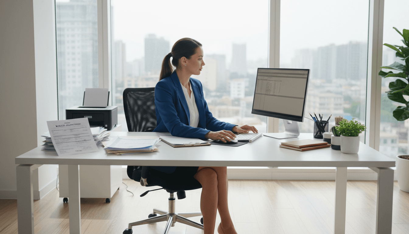 Gestor profesional tramitando transferencia de vehículos en oficina moderna