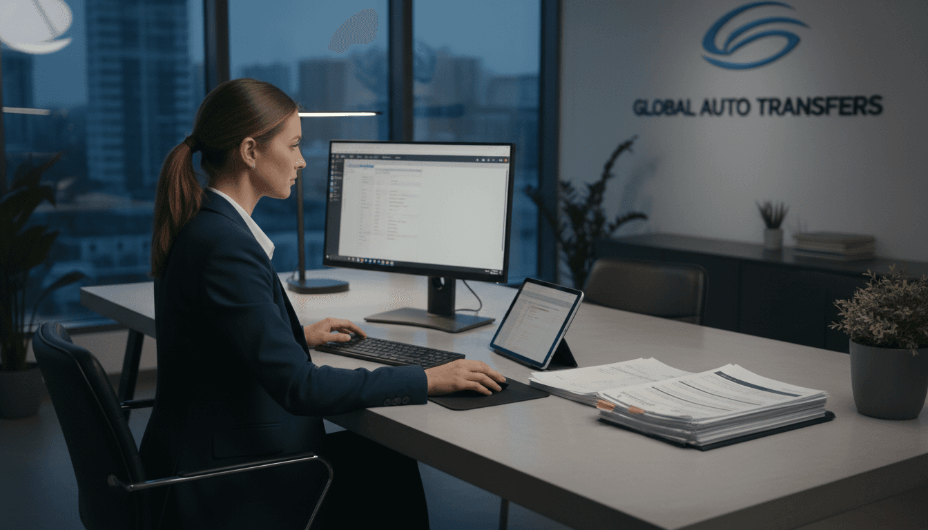 Gestor administrativo gestionando transferencia de vehículos en escritorio moderno