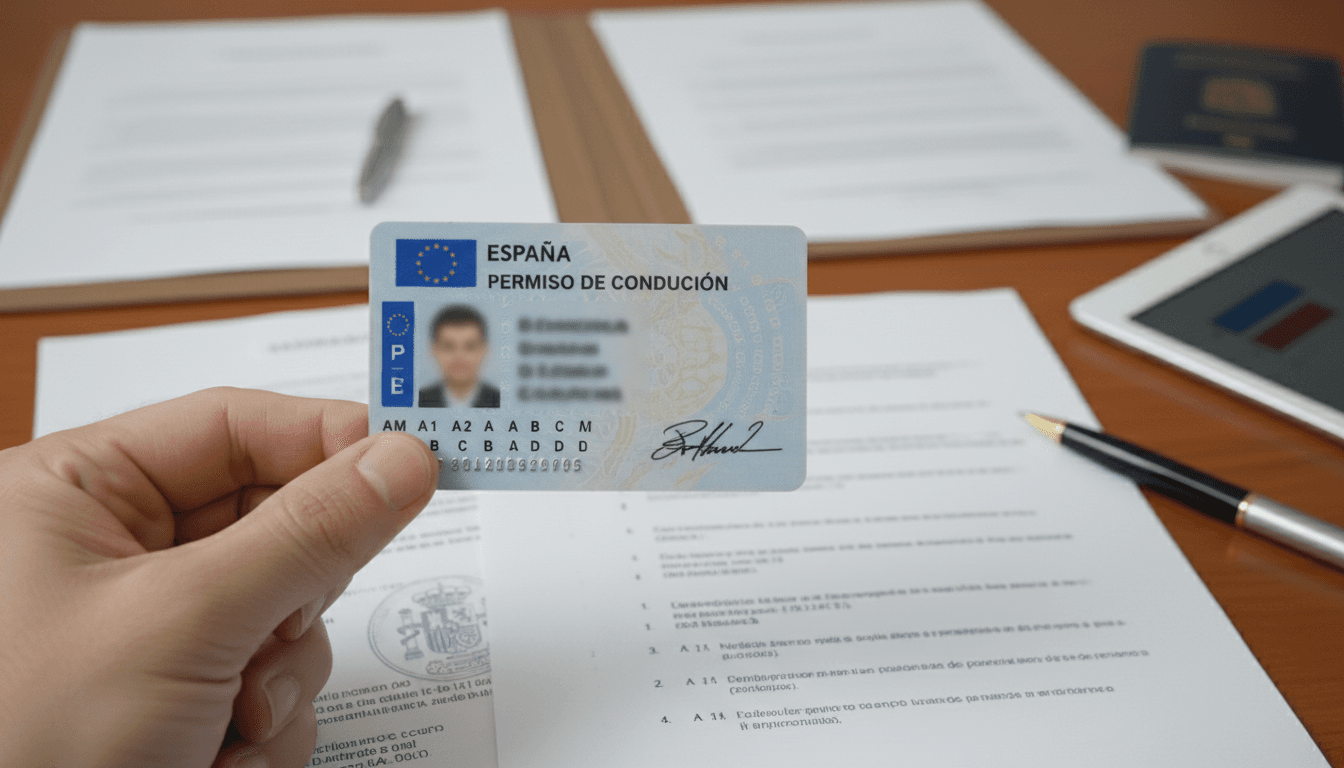 Persona sosteniendo carnet de conducir español con documentos oficiales