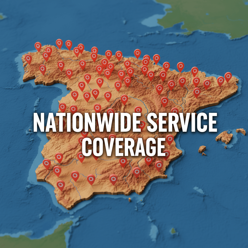 Mapa de España con marcadores de ubicación mostrando cobertura de servicio