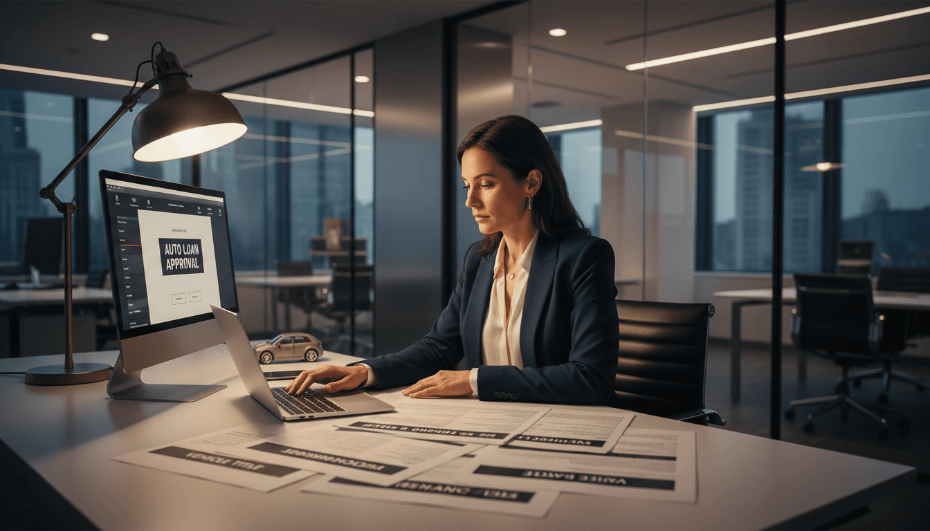 Gestora tramitando transferencia de vehículo en oficina profesional
