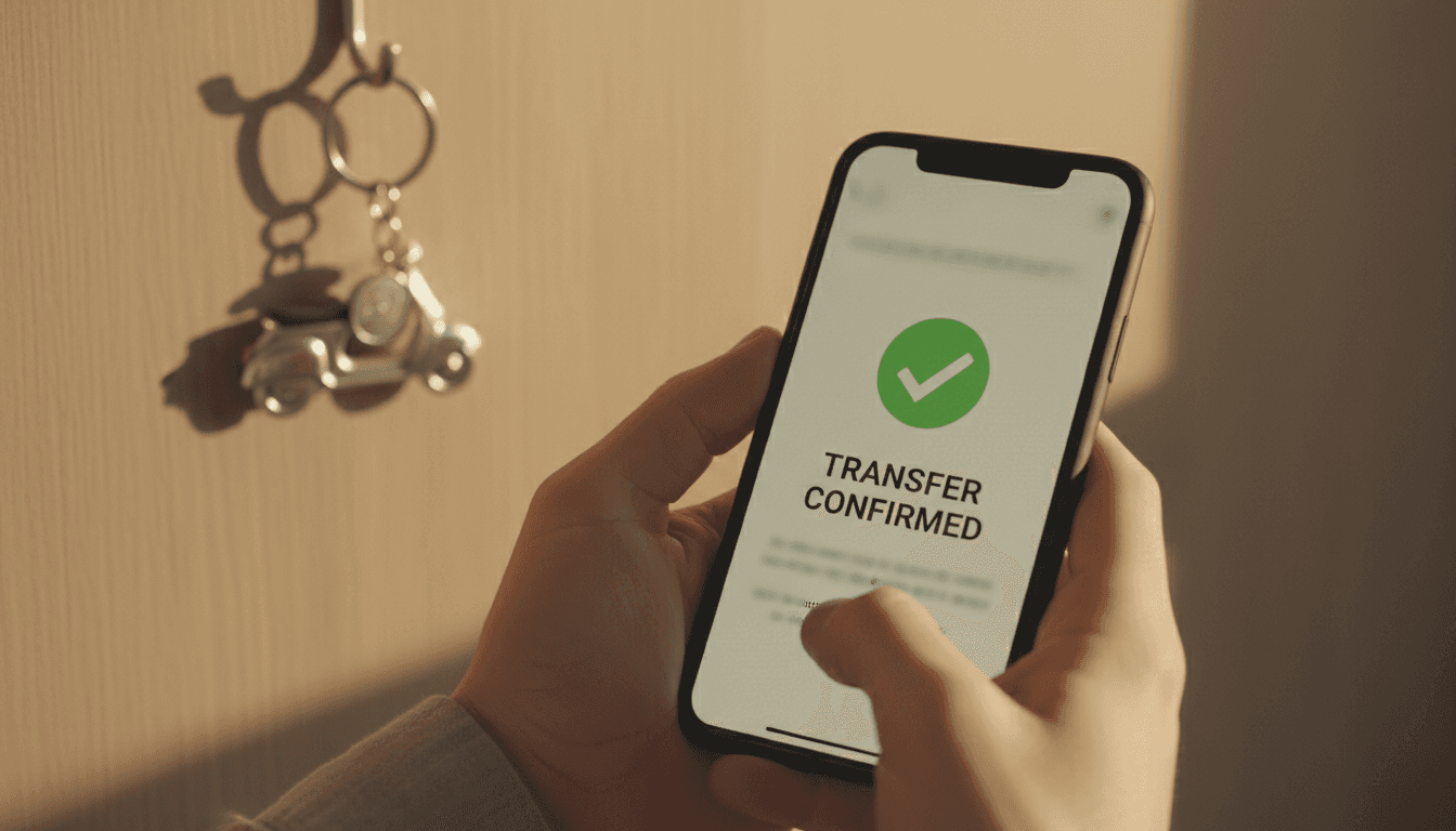 Manos sosteniendo un móvil con confirmación de transferencia online