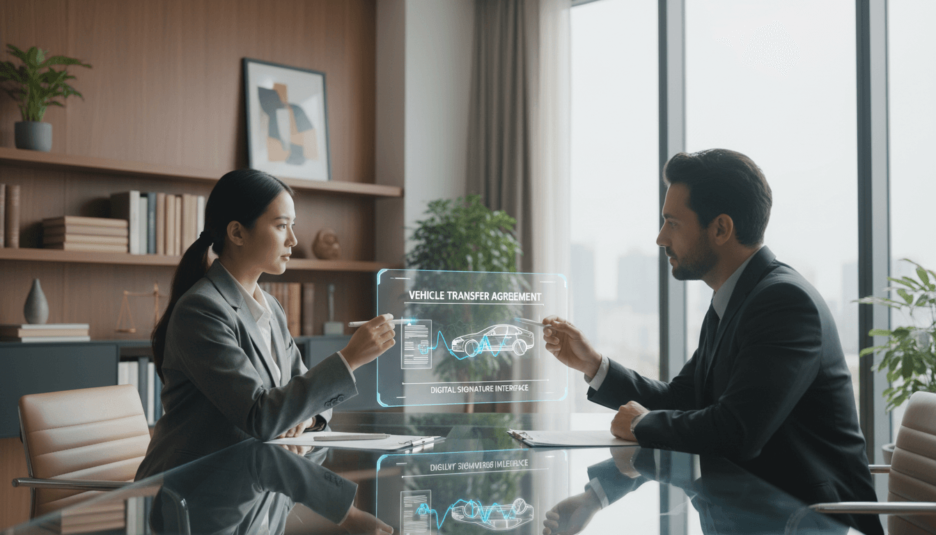 Gestor administrativo trabajando en una transferencia de vehículo con documentación digital en oficina moderna