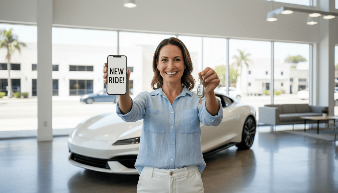 Persona sonriente con smartphone y llaves de coche