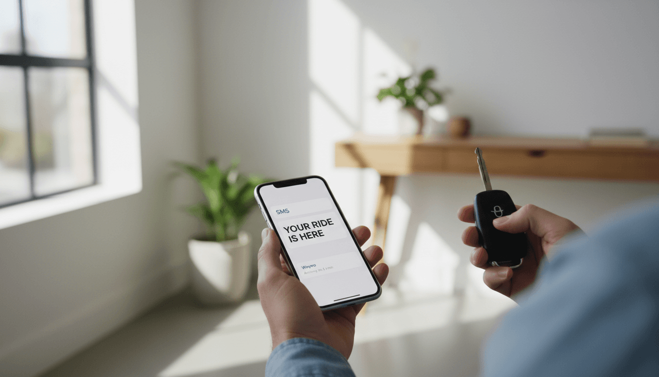 Persona sosteniendo un smartphone con una notificación de SMS y una llave de coche, fondo de oficina desenfocado