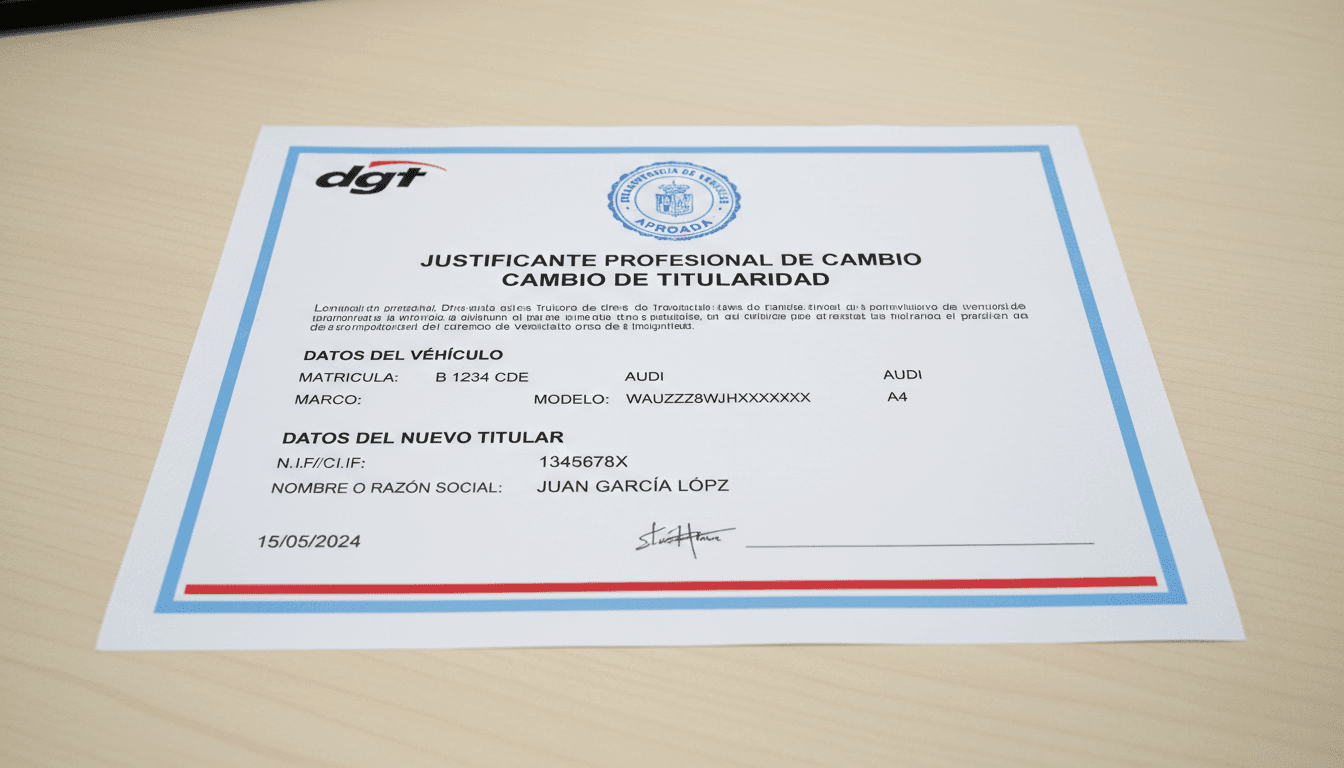 Documentación oficial de transferencia de vehículo con sello de aprobación de la DGT