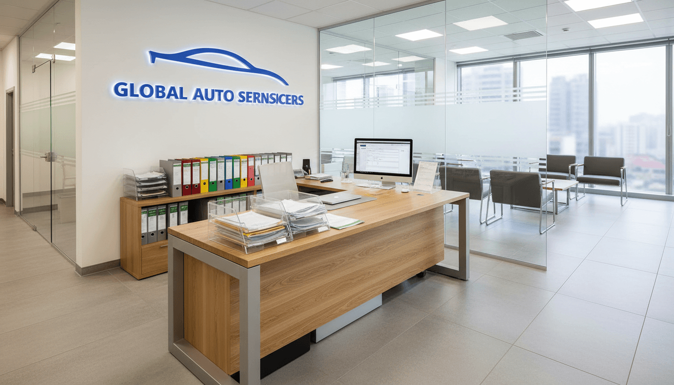 Oficina profesional de transferencia de vehículos con documentación organizada y ambiente moderno