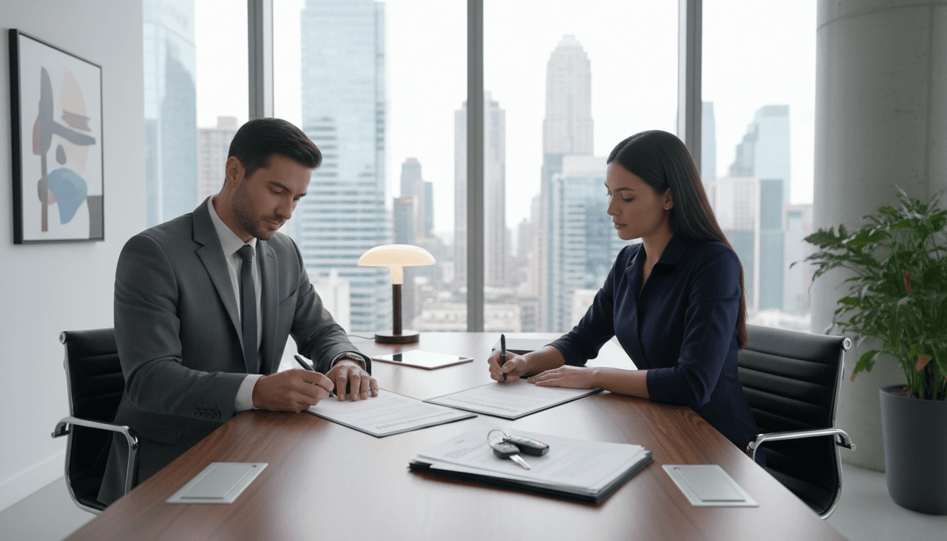 Firma de documentos de transferencia de vehículo con matrícula y papeles en escritorio profesional