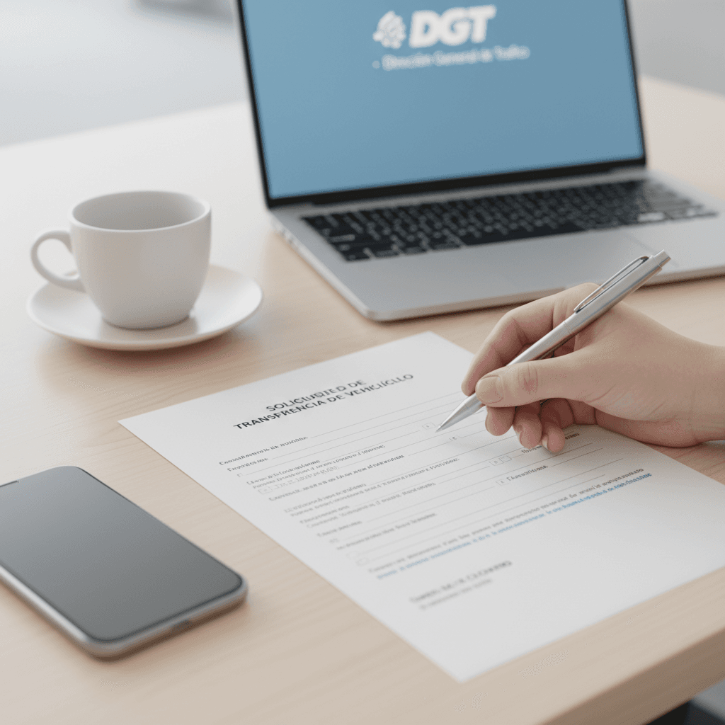 Gestor administrativo firmando la documentación de transferencia de un vehículo