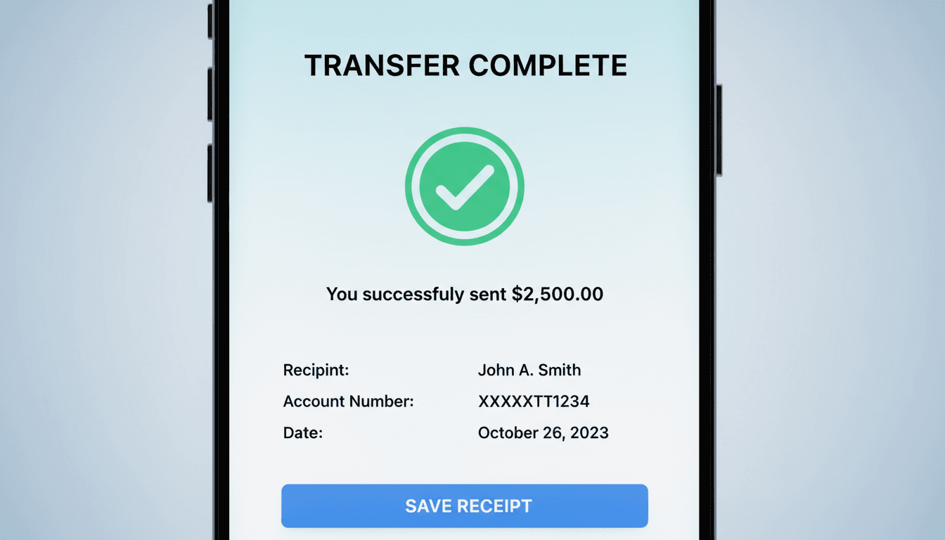 Pantalla de móvil con documento de transferencia completado y confirmación