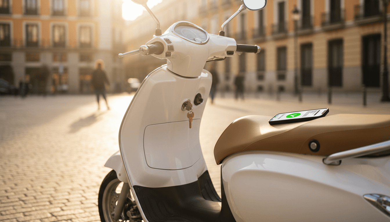 Ciclomotor aparcado en una calle de Madrid con un móvil mostrando un documento digital
