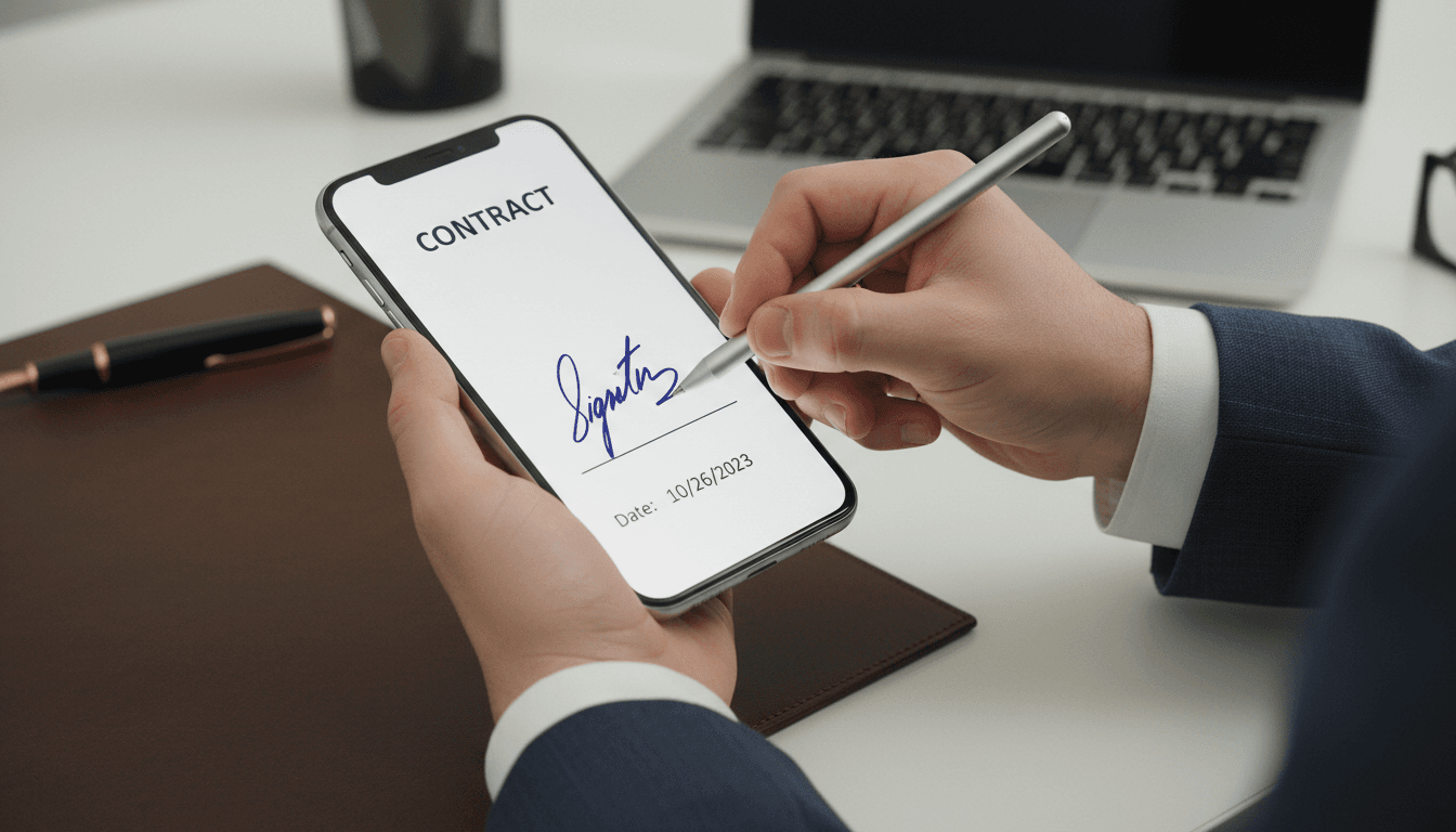 Primer plano firmando documento en el móvil
