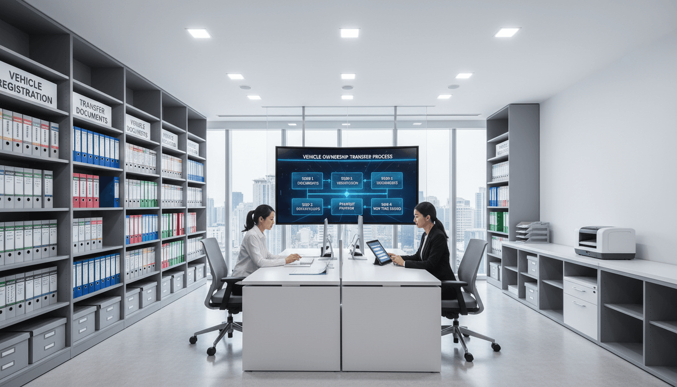Gestoría profesional con documentación organizada y sistemas digitales para tramitación de transferencias de vehículos