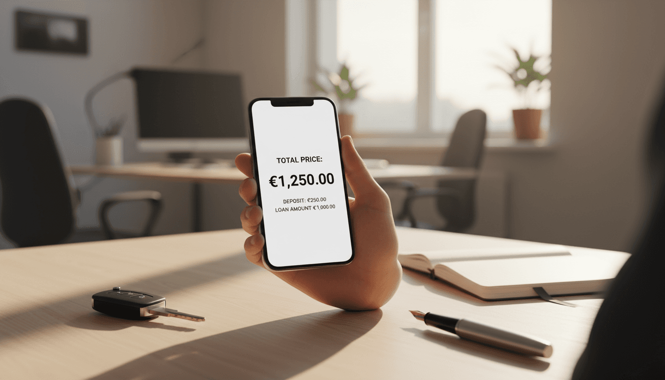 Persona sosteniendo un teléfono móvil con una calculadora de precios visible en la pantalla, sobre una mesa de madera con elementos de oficina