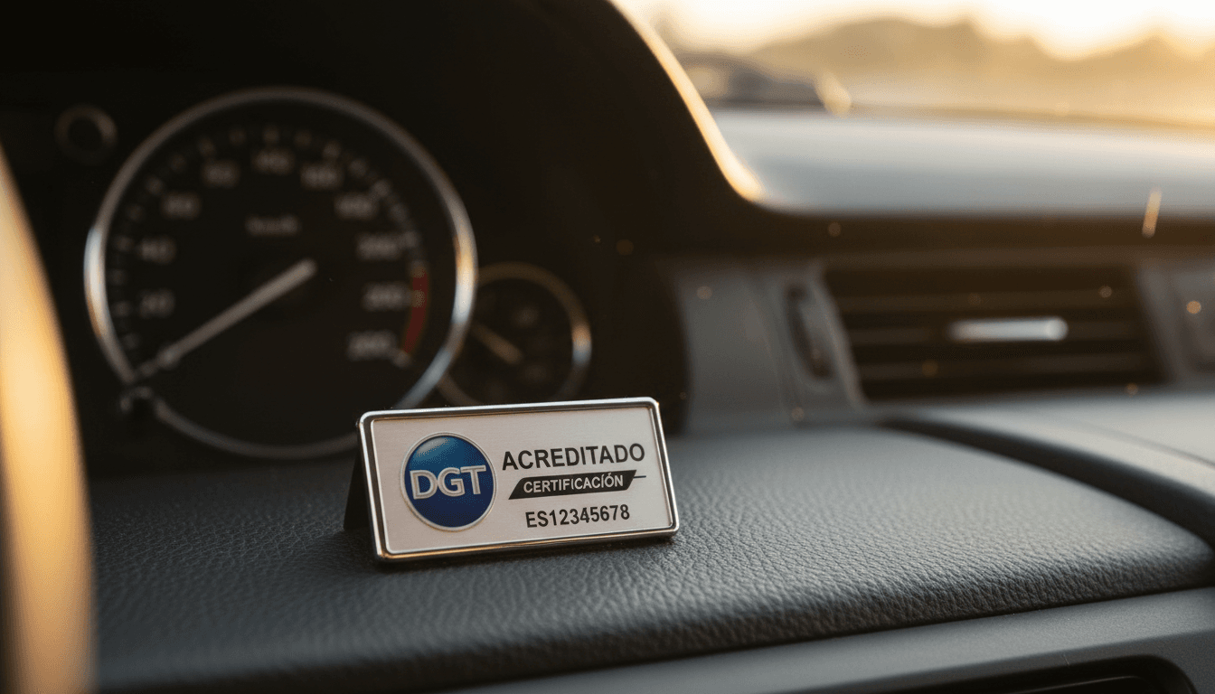 Detalle del salpicadero de un coche con una acreditación de la DGT