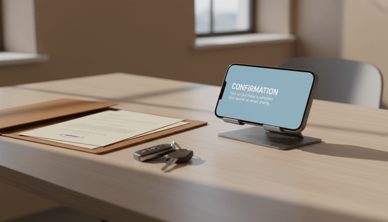 Smartphone with contract confirmation on a desk next to car keys and documents