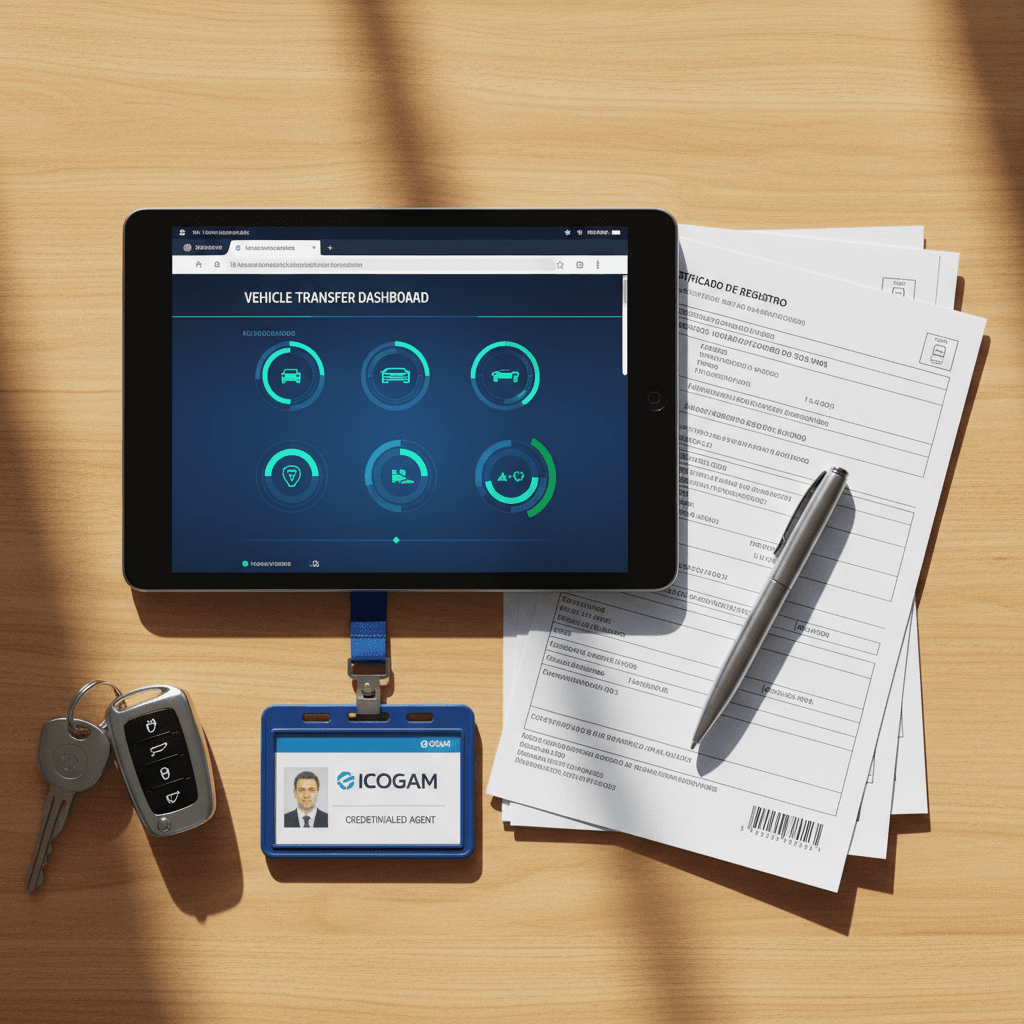 Mesa de trabajo con documentos de trámites, acreditación colegial y dispositivo móvil para firmar digitalmente