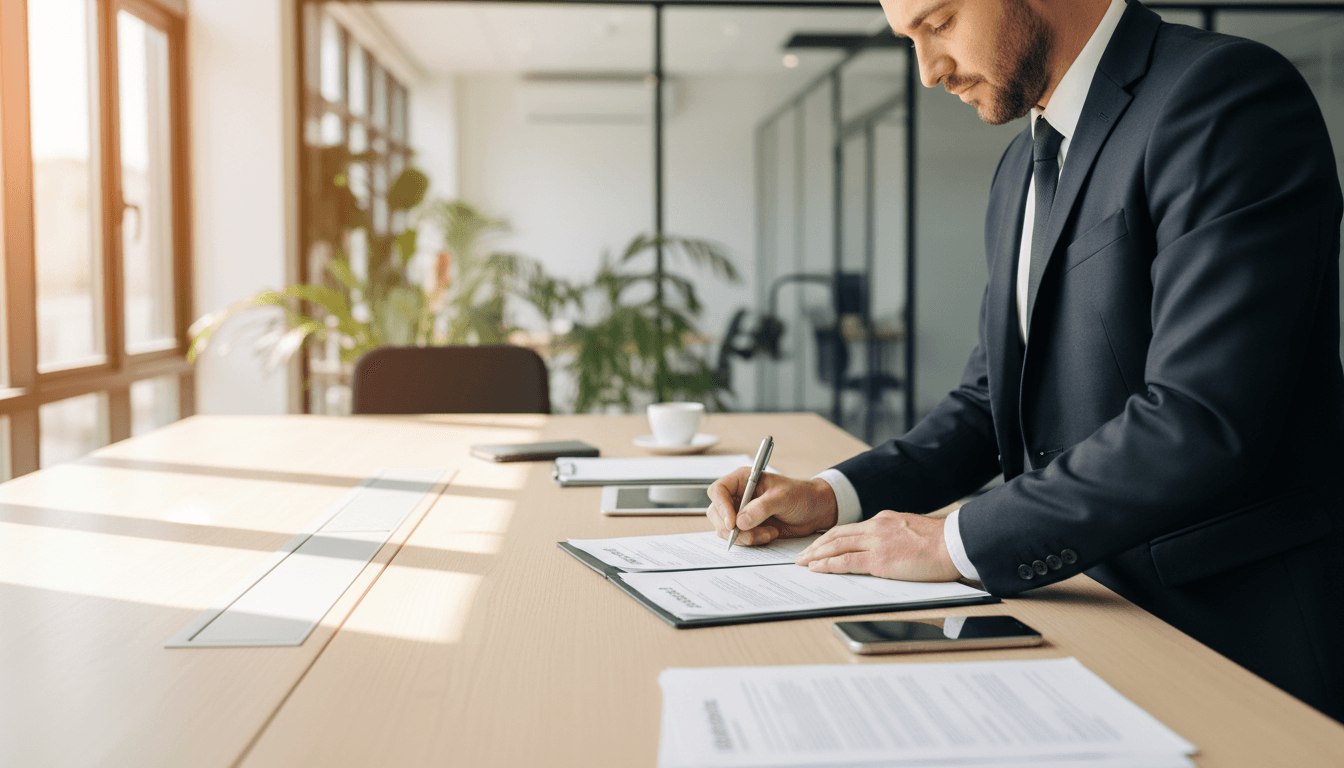 Profesional firmando documentos en una oficina moderna