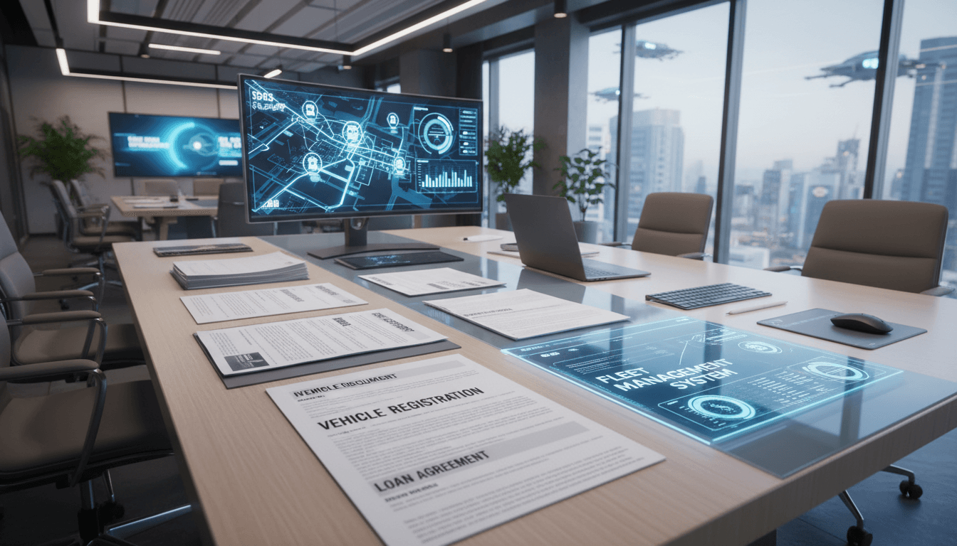 Documentos de transferencia de vehículos y gestión digital en oficina profesional