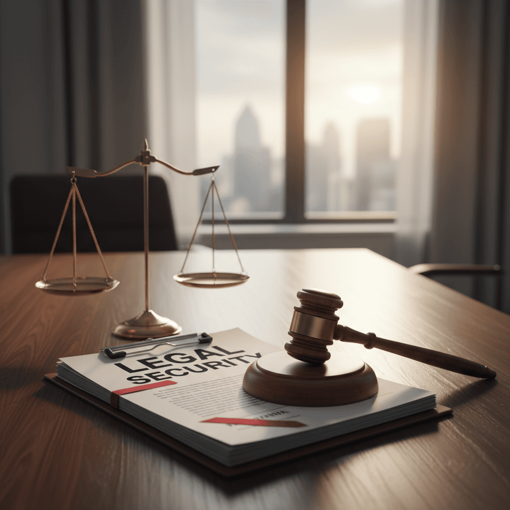 Documentos legales y mazo judicial sobre una mesa representando seguridad jurídica