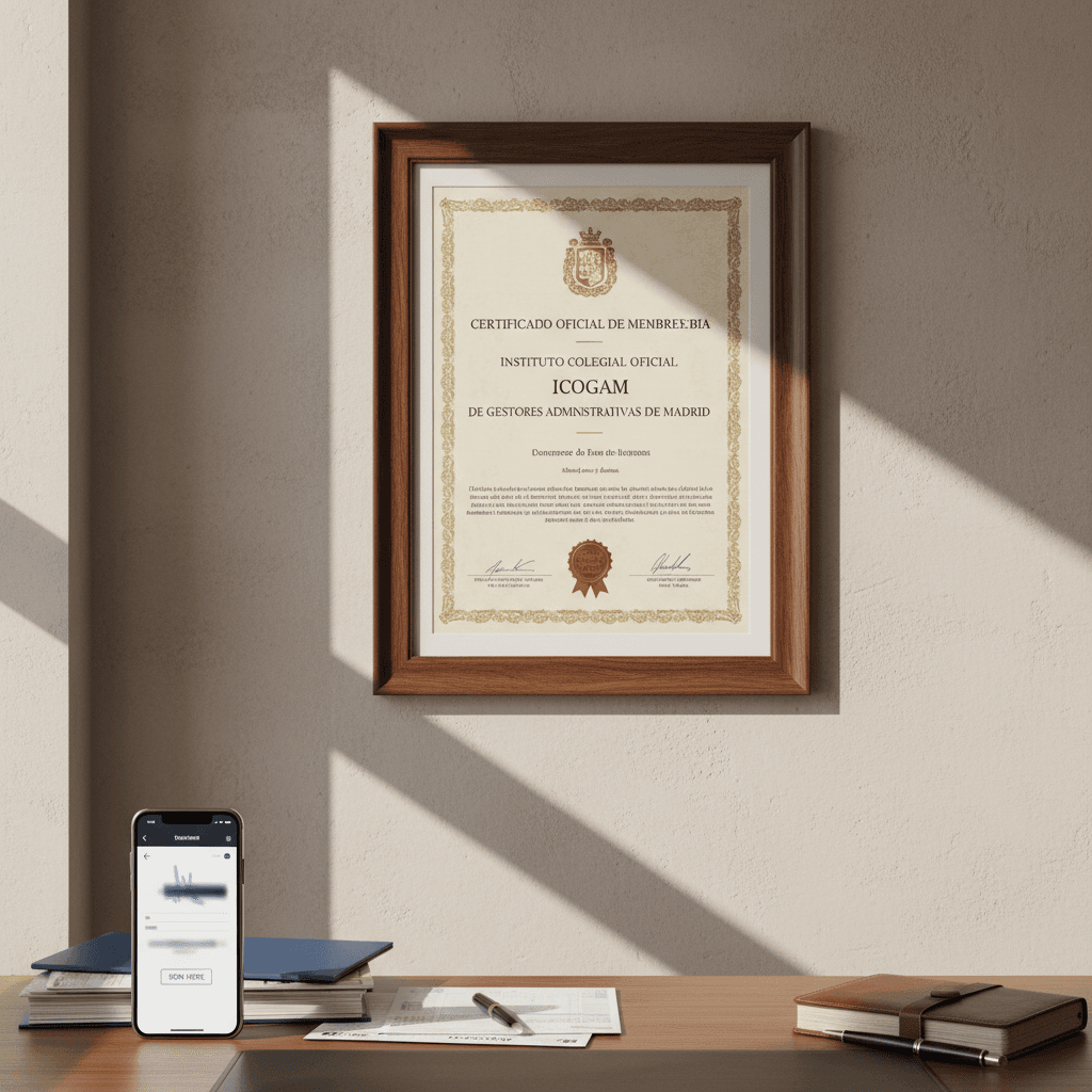 Certificado de colegiación del ICOGAM enmarcado en una oficina con documentos de trámite