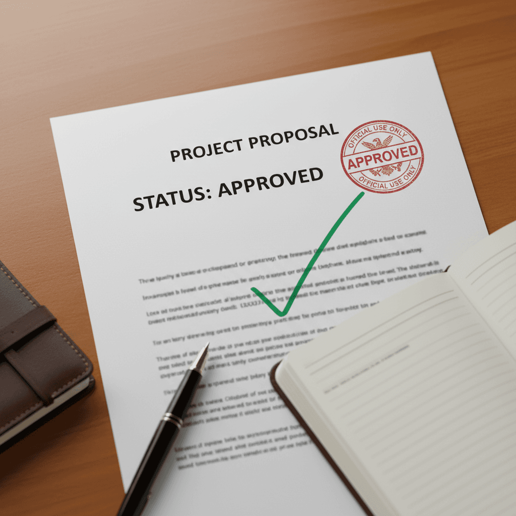 Documento aprobado con sello y marca de verificación sobre una mesa