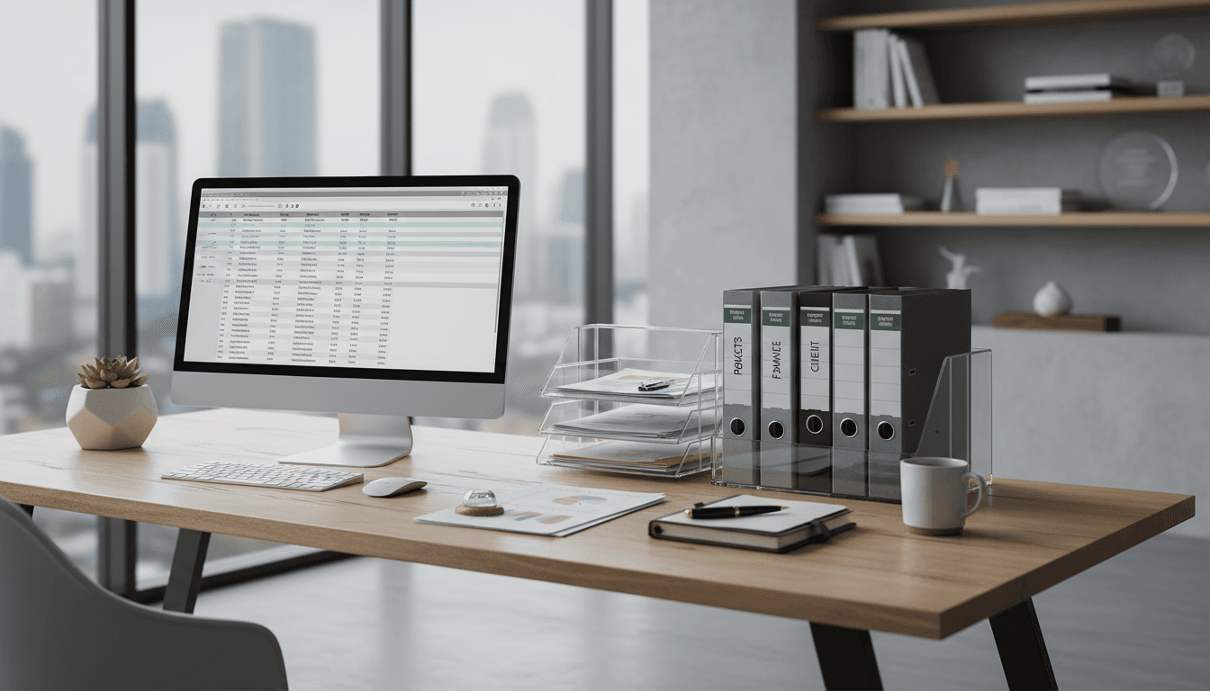 Escritorio moderno de gestoría con documentos organizados y ambiente profesional