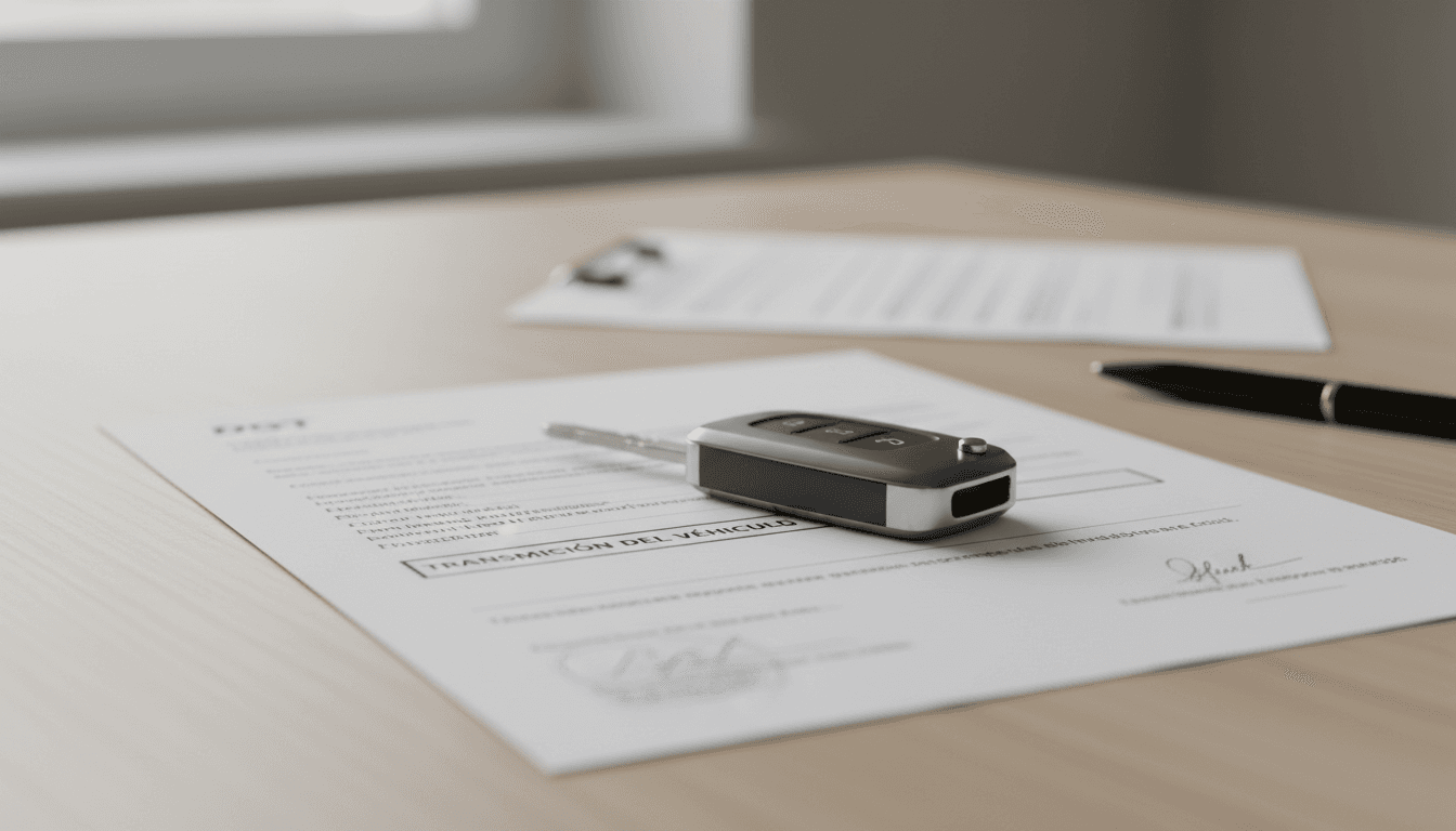 Llave de coche sobre documentación oficial de transferencia de la DGT, simbolizando la cancelación de la reserva de dominio