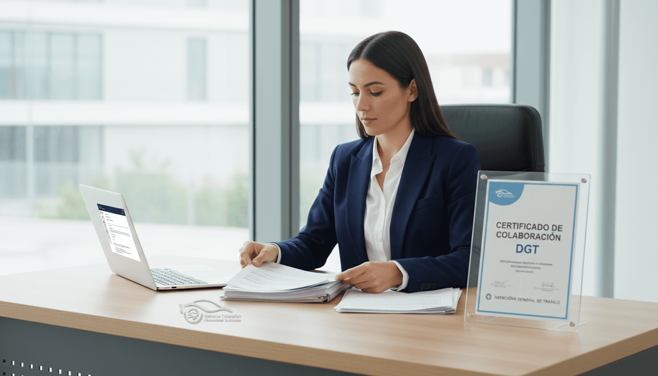 Gestor administrativo colegiado procesando transferencia de vehículo con documentación oficial de la DGT