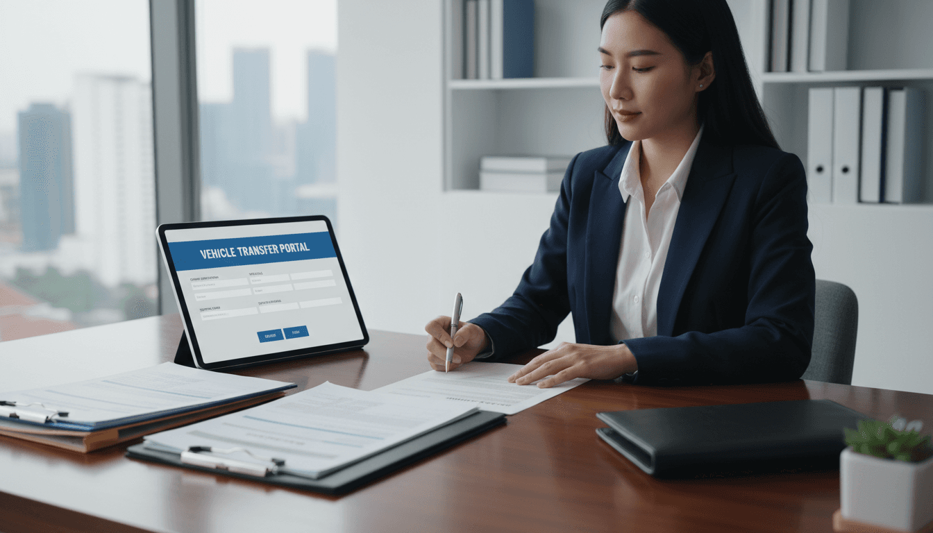 Gestor administrativo realizando trámite de transferencia de vehículo en escritorio profesional con documentación organizada