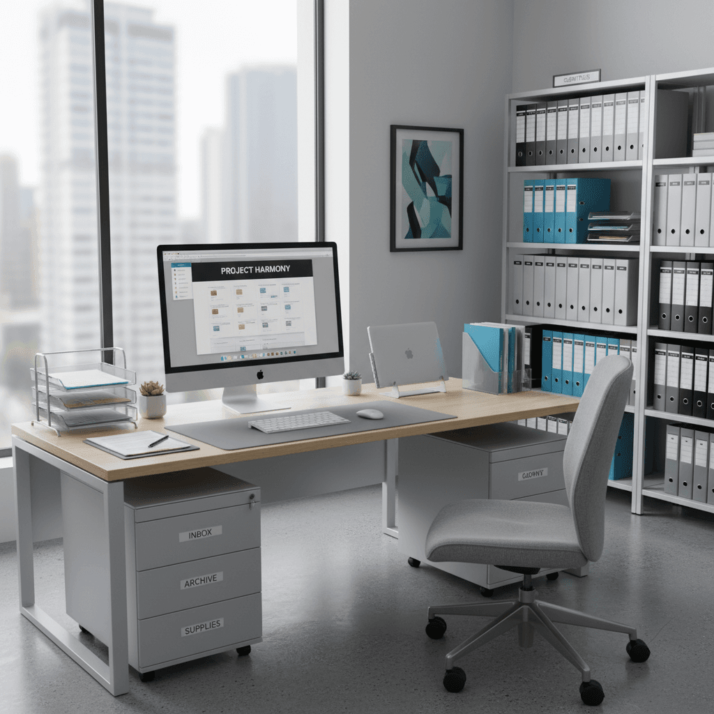 Oficina profesional de gestoría con documentación organizada