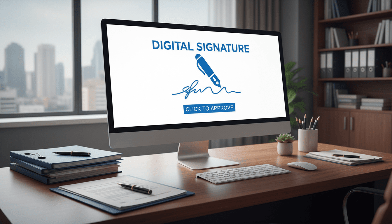 Oficina de gestoría profesional con documentos y firma digital