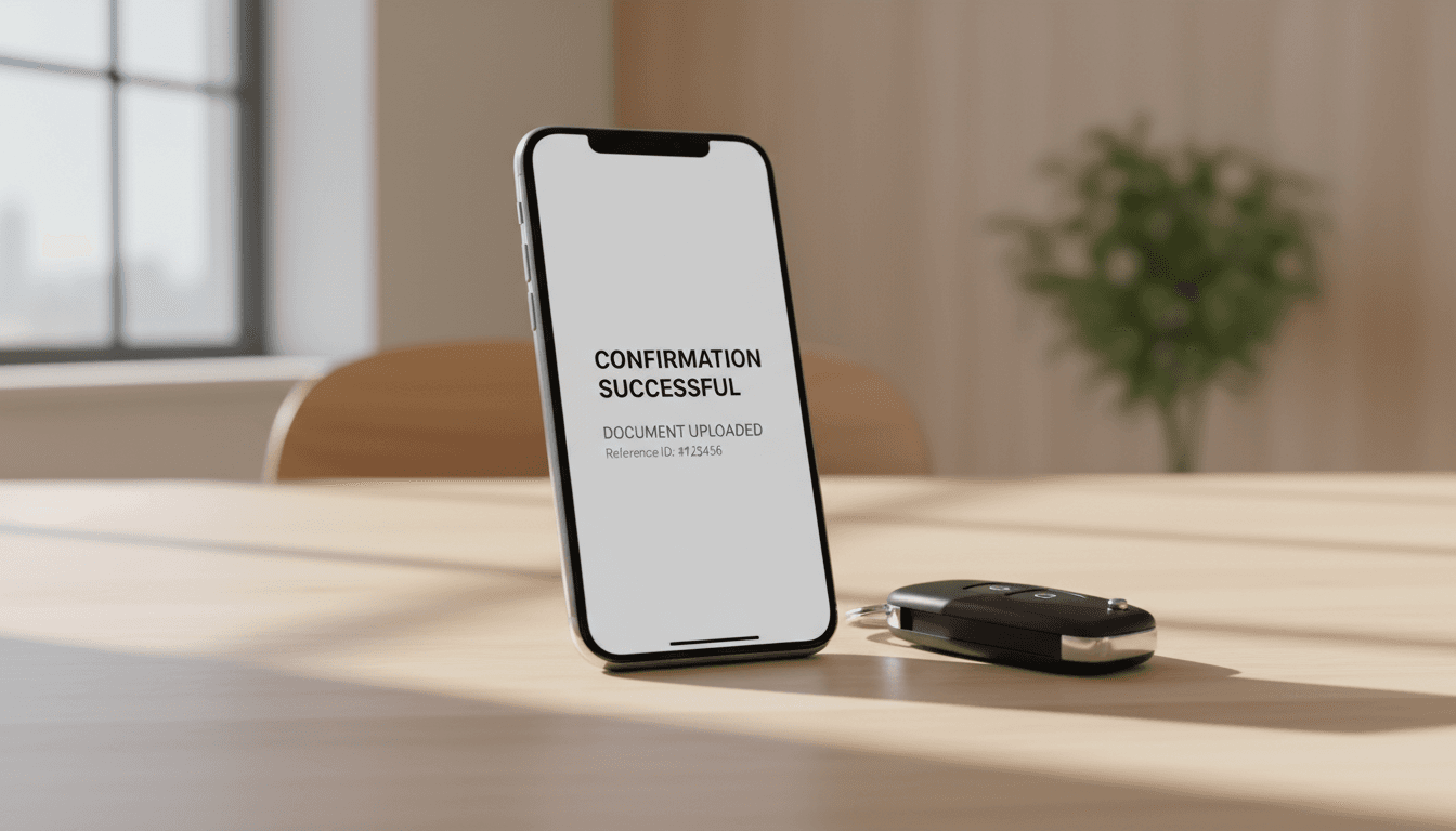 Smartphone showing digital document confirmation with car key on wooden table