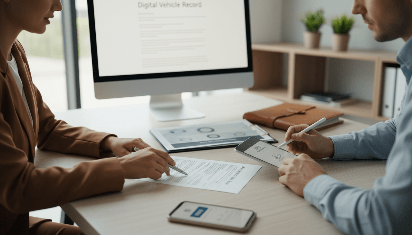 Dos profesionales de GO-AUTO Transferencias revisando documentación de transferencia vehicular en una oficina moderna