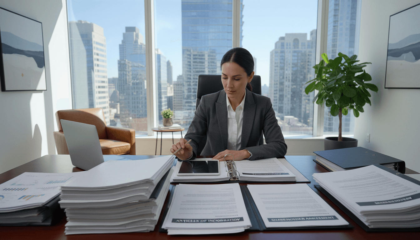 Gestora revisando documentos de constitución de una empresa