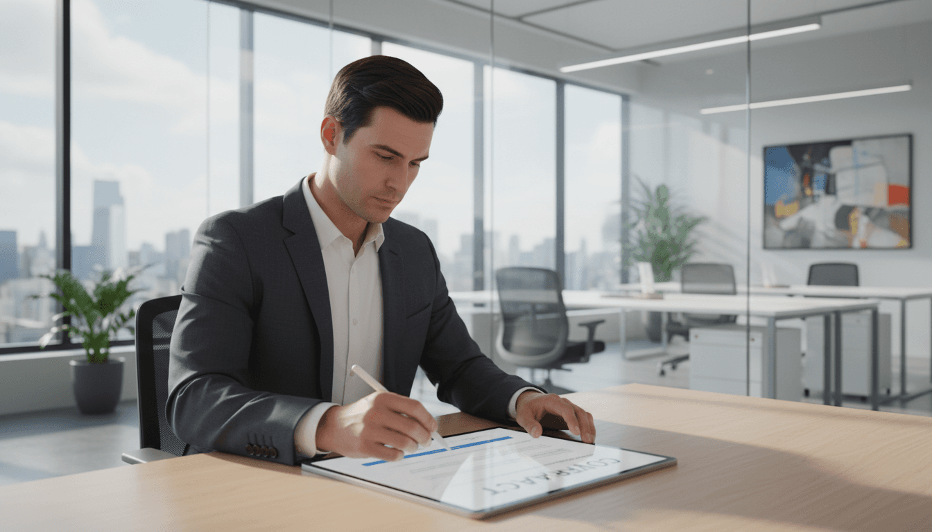 Hombre firmando un documento digital en una tableta en una oficina moderna