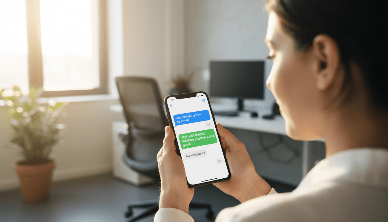 Persona sosteniendo un móvil con una conversación de WhatsApp abierta
