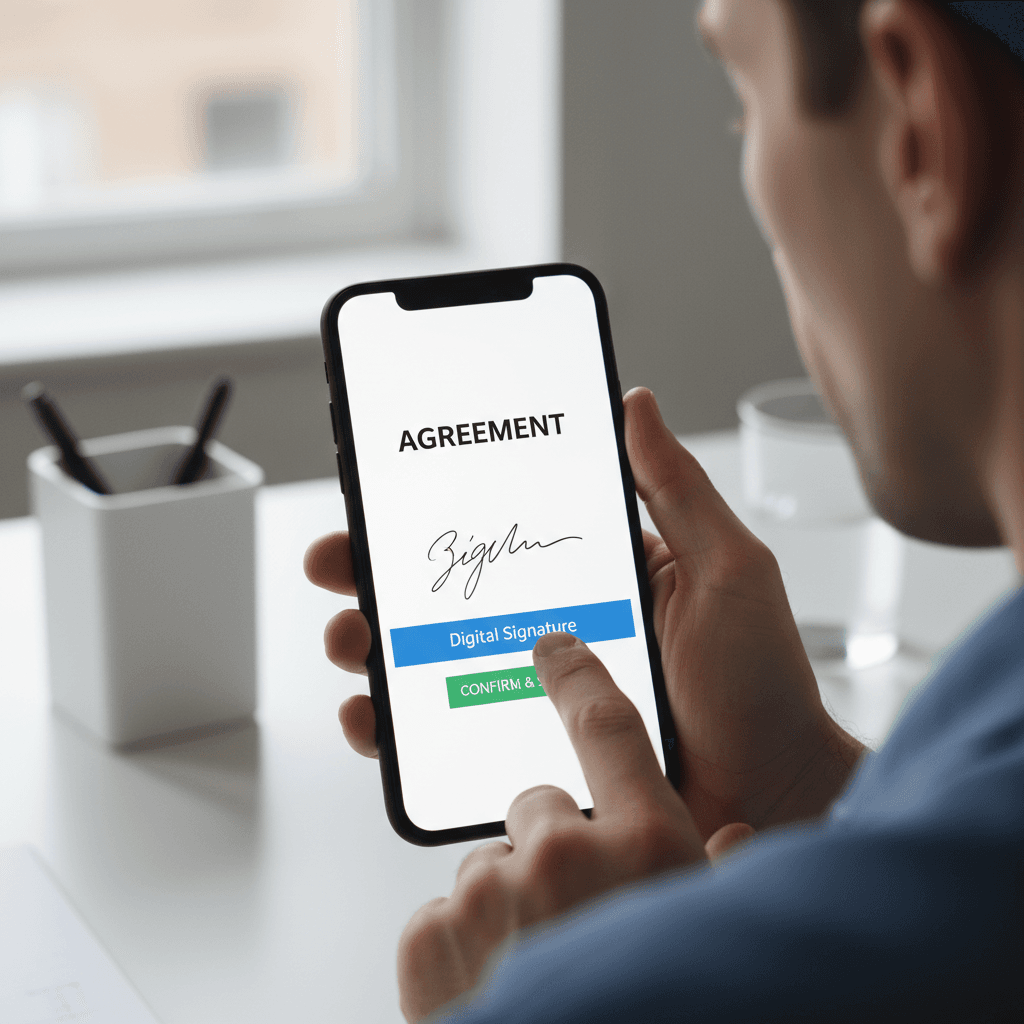 Persona firmando un documento digital en su teléfono móvil