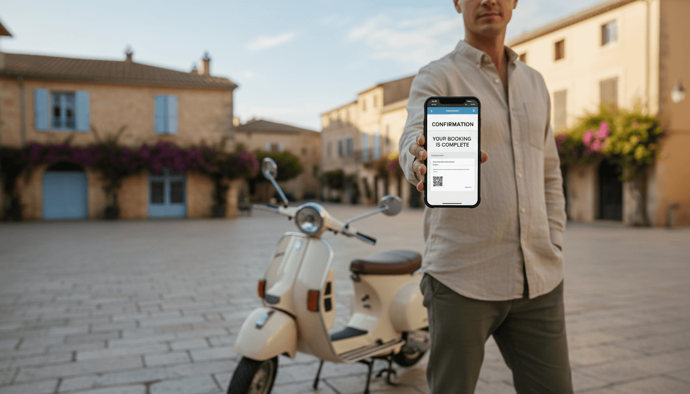 Persona junto a un ciclomotor sosteniendo un smartphone con confirmación digital