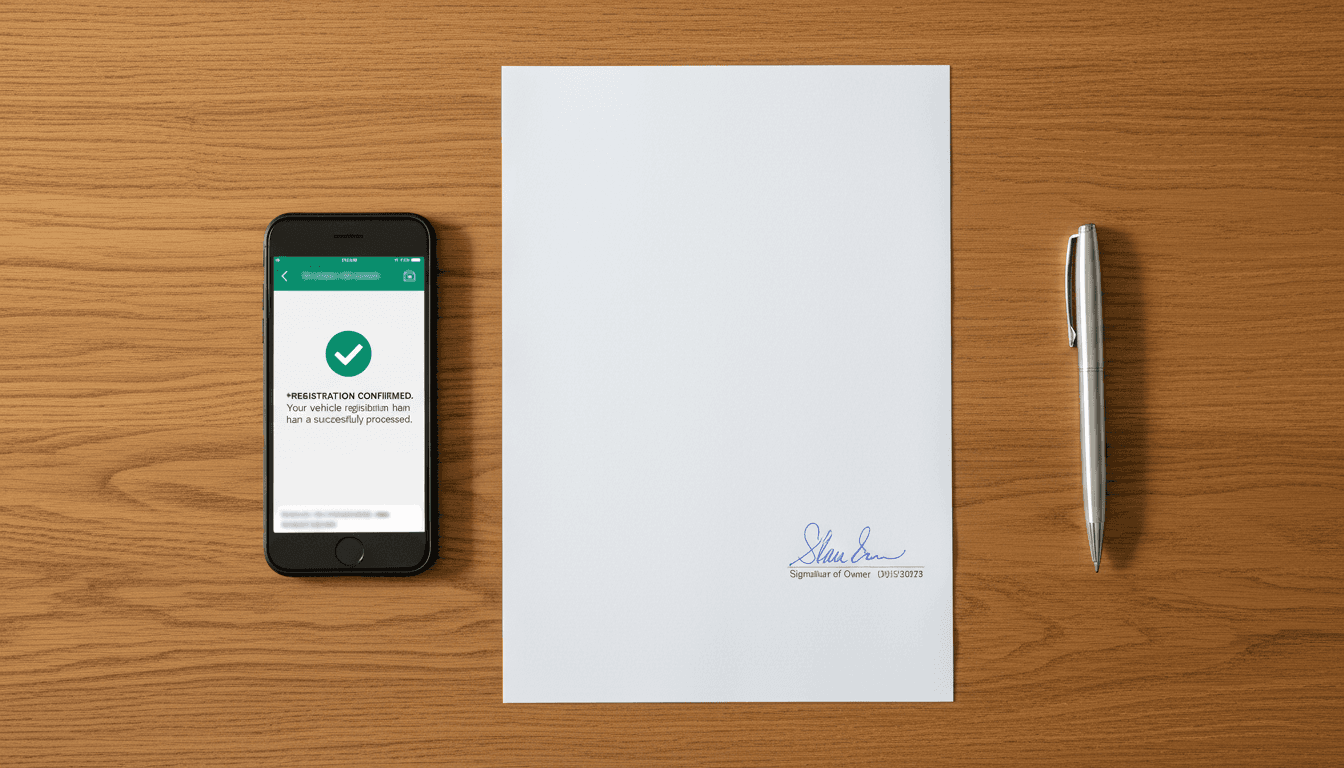 Documento de tráfico firmado y teléfono móvil sobre una mesa de madera
